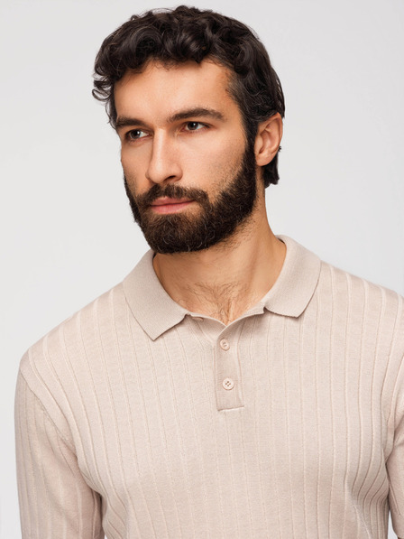 Ombre Clothing Мъжка поло риза SLIM FIT от вискоза с вертикални ивици - бежова V2 OM-POSS-0169 Ombre Clothing