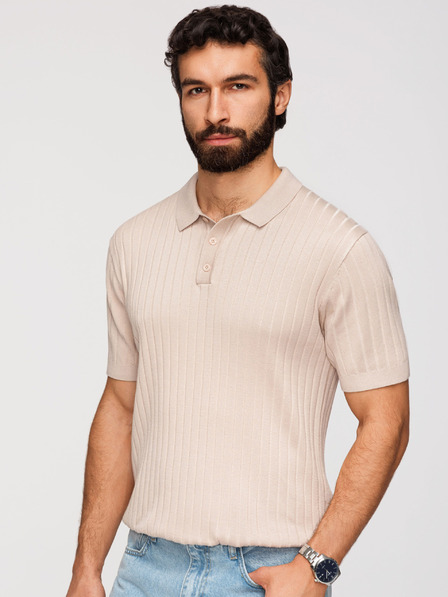 Ombre Clothing Мъжка поло риза SLIM FIT от вискоза с вертикални ивици - бежова V2 OM-POSS-0169 Ombre Clothing