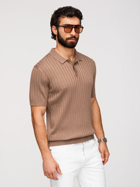 Ombre Clothing Мъжка поло риза SLIM FIT от вискоза с вертикални ивици - светло кафява V5 OM-POSS-0169 Ombre Clothing