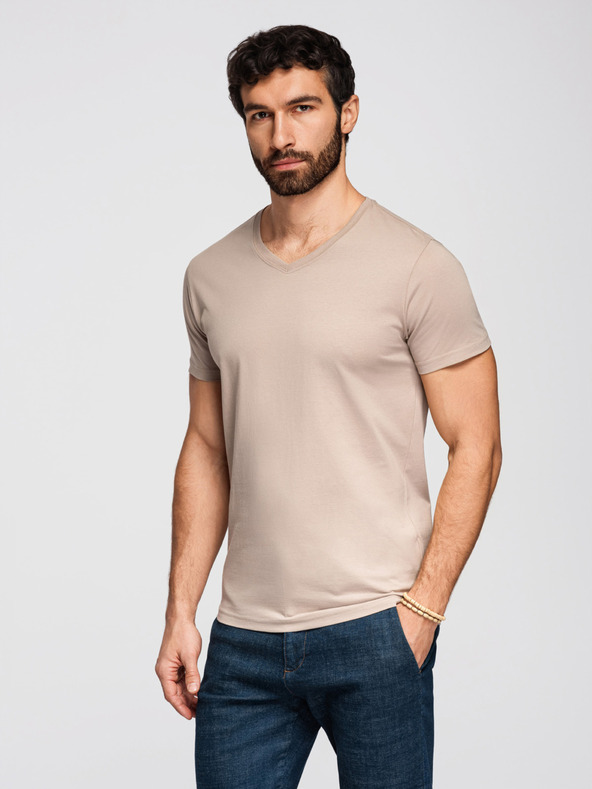 Ombre Clothing Мъжка памучна тениска BASIC с V-образно деколте - сив-зелена/бяла/бежова V14 OM-TSBS-0281 Ombre Clothing