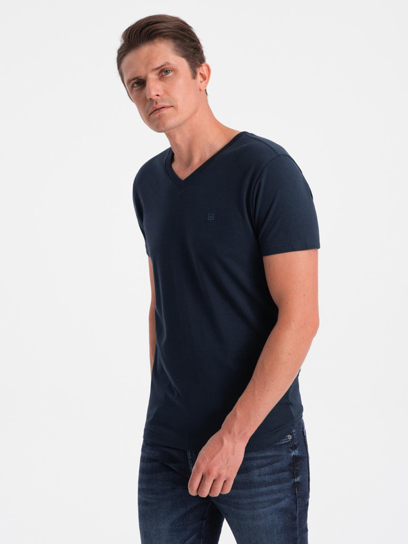 Ombre Clothing Подписана мъжка тениска с V-образно деколте и еластан - тъмно синя V2 S2040 Ombre Clothing