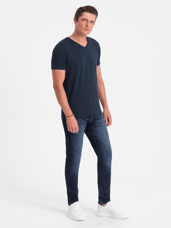 Ombre Clothing Подписана мъжка тениска с V-образно деколте и еластан - тъмно синя V2 S2040 Ombre Clothing