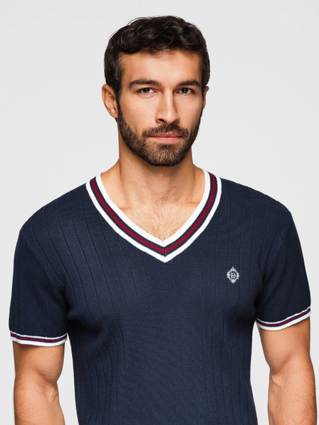 Ombre Clothing Мъжка вискозна тениска със змийски деколте - тъмно синя V2 OM-TSCT-0266 Ombre Clothing