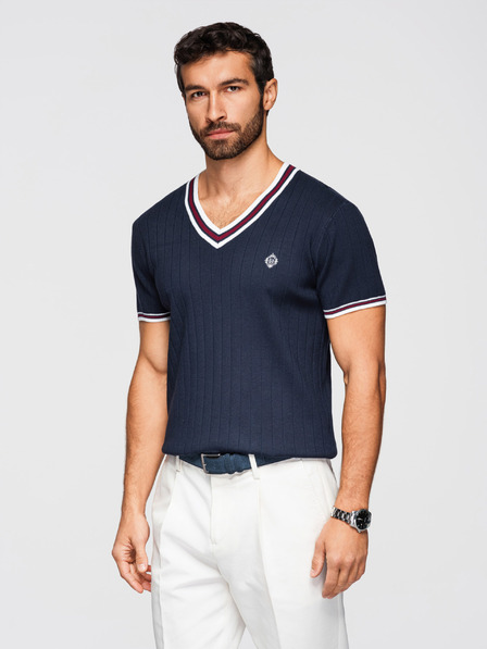 Ombre Clothing Мъжка вискозна тениска със змийски деколте - тъмно синя V2 OM-TSCT-0266 Ombre Clothing