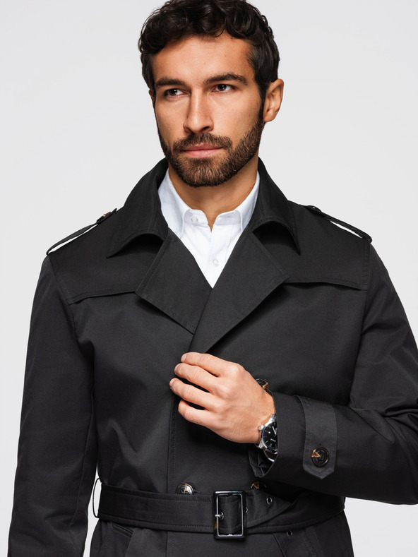 Ombre Clothing Мъжко двуредно елегантно палто SLIM FIT с колан - черно V2 OM-COLC-0146 Ombre Clothing