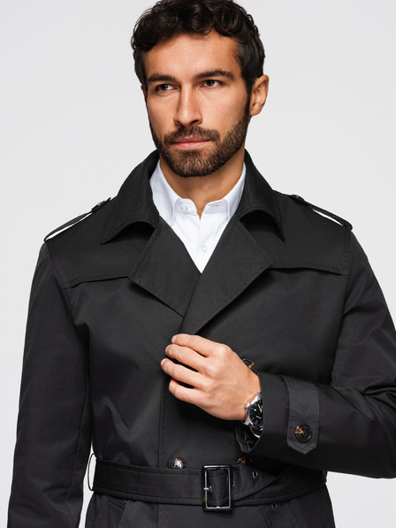 Ombre Clothing Мъжко двуредно елегантно палто SLIM FIT с колан - черно V2 OM-COLC-0146 Ombre Clothing