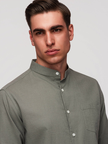 Ombre Clothing Мъжка платнена риза със стойче и джоб REGULAR FIT - хаки V6 K704 Ombre Clothing