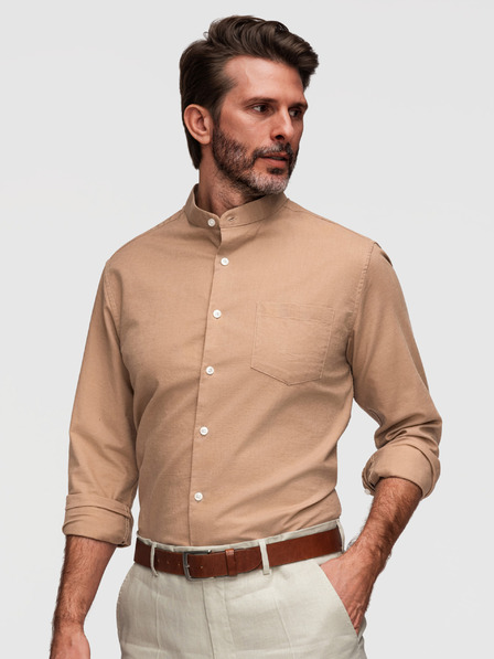 Ombre Clothing Мъжка платнена риза със стойче и джоб REGULAR FIT - светло кафяв V7 K704 Ombre Clothing