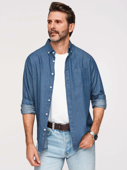 Ombre Clothing Мъжка памучна риза със сантиметър от тънък деним - синя V2 K702 Ombre Clothing