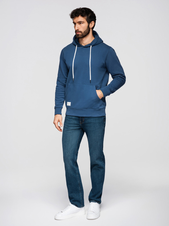 Ombre Clothing Мъжки памучен суитшърт BASIC с джоб за ръце и качулка - тъмно син Ombre Clothing