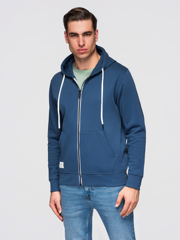 Ombre Clothing Мъжки памучен суитшърт BASIC с цип и качулка - тъмно син V4 OM-SSBZ-0272 Ombre Clothing