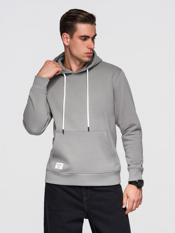 Ombre Clothing Мъжко памучно кангур суитшърт BASIC с качулка - сиво Ombre Clothing