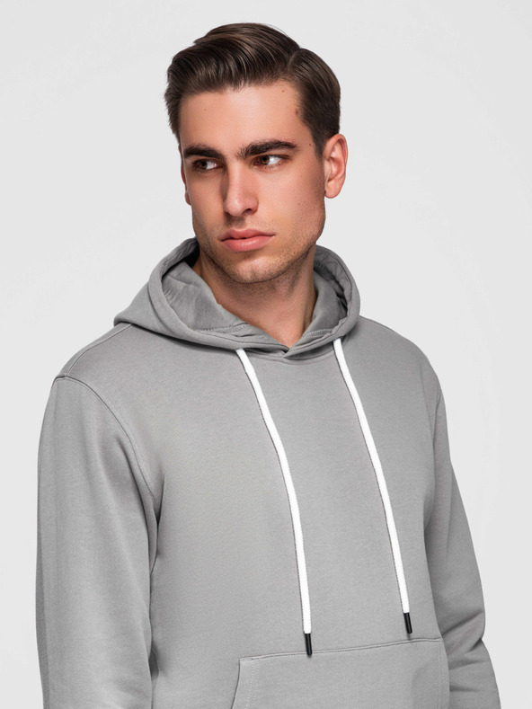 Ombre Clothing Мъжко памучно кангур суитшърт BASIC с качулка - сиво Ombre Clothing