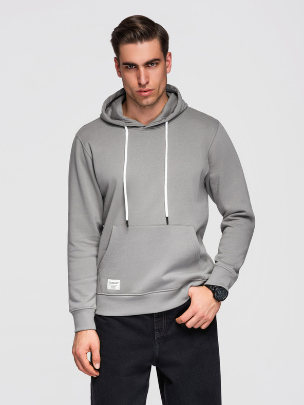 Ombre Clothing Мъжко памучно кангур суитшърт BASIC с качулка - сиво Ombre Clothing