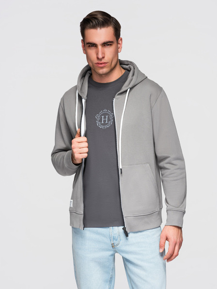 Ombre Clothing Мъжко памучно суитшърт BASIC с качулка на цип - сиво V8 OM-SSBZ-0272 Ombre Clothing