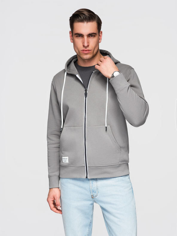 Ombre Clothing Мъжко памучно суитшърт BASIC с качулка на цип - сиво V8 OM-SSBZ-0272 Ombre Clothing