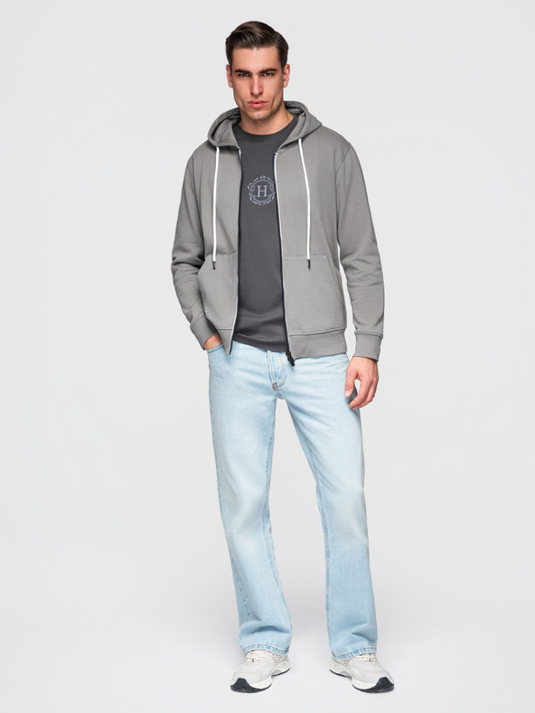 Ombre Clothing Мъжко памучно суитшърт BASIC с качулка на цип - сиво V8 OM-SSBZ-0272 Ombre Clothing