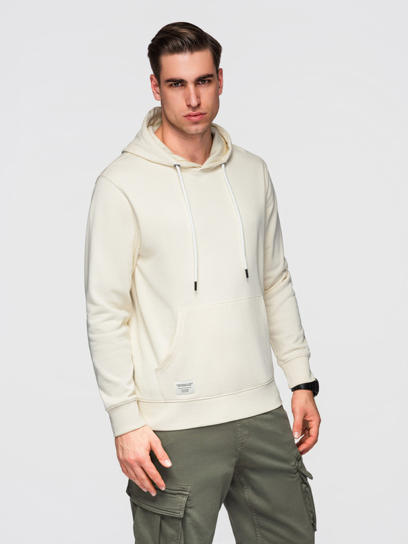 Ombre Clothing Мъжко памучно суитшърт BASIC с кангур джеб и качулка - кремаво Ombre Clothing