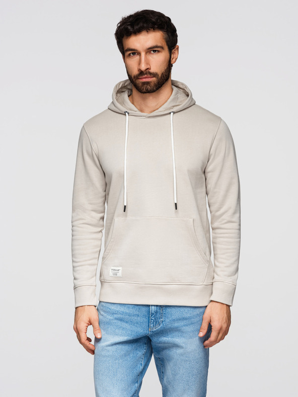 Ombre Clothing Мъжко памучно кангур суитшърт BASIC с качулка - светло бежово Ombre Clothing