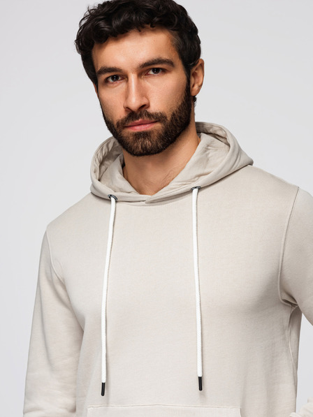 Ombre Clothing Мъжко памучно кангур суитшърт BASIC с качулка - светло бежово Ombre Clothing