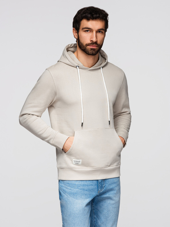 Ombre Clothing Мъжко памучно кангур суитшърт BASIC с качулка - светло бежово Ombre Clothing