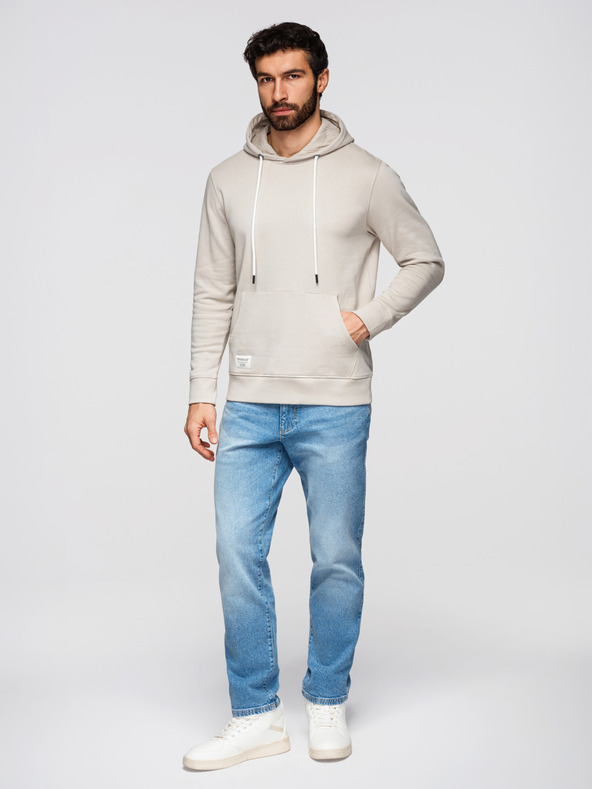 Ombre Clothing Мъжко памучно кангур суитшърт BASIC с качулка - светло бежово Ombre Clothing