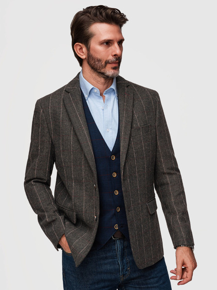 Ombre Clothing Мъжко елегантно плетено сако с фин карирана структура от вълнена смес - тъмно кафяво V3 M166 Ombre Clothing