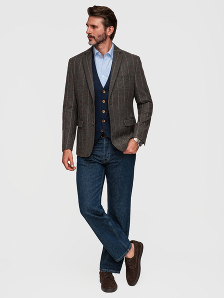 Ombre Clothing Мъжко елегантно плетено сако с фин карирана структура от вълнена смес - тъмно кафяво V3 M166 Ombre Clothing
