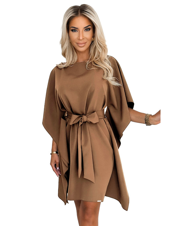 numoco SOFIA Рокля с пеперудени ръкави и връзване в талията - капучино