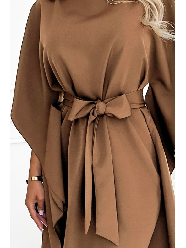 numoco SOFIA Рокля с пеперудени ръкави и връзване в талията - капучино