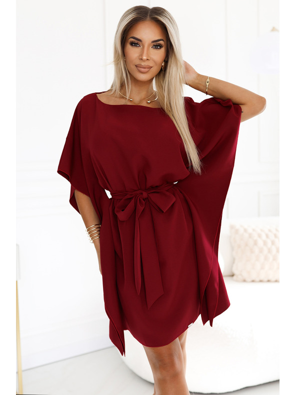 numoco SOFIA Butterfly рокля с колан в талията - винено червено