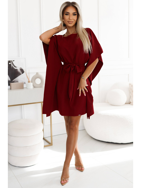 numoco SOFIA Butterfly рокля с колан в талията - винено червено