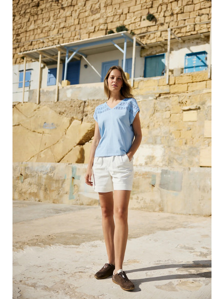 Moodo Памучна блуза с дантела светлосиня Moodo