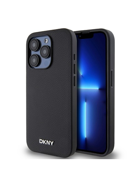 DKNY Заден капак от полиуретанова кожа Silver Metal Logo Magsafe за iPhone 15 Pro Black DKNY