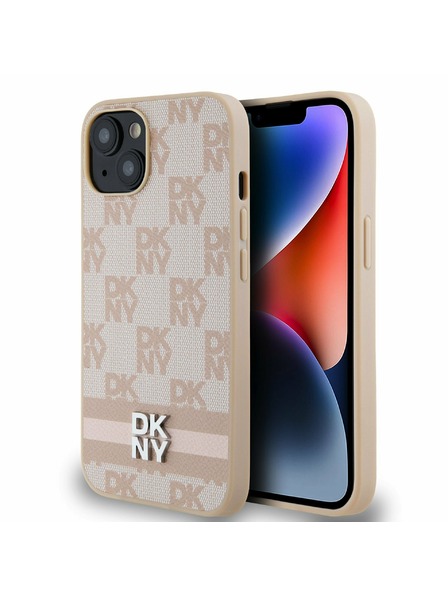 DKNY Заден капак от полиуретанова кожа с кариран модел и райета за iPhone 13 Pink DKNY