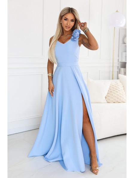 numoco Елегантна вечерна макси рокля с цепка и розети - светло синьо