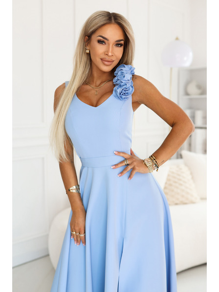 numoco Елегантна вечерна макси рокля с цепка и розети - светло синьо