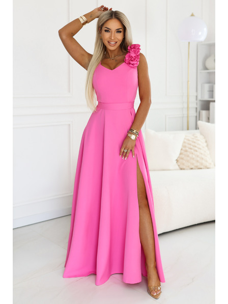 numoco Елегантна вечерна макси рокля с разрез и рози - захарна розова