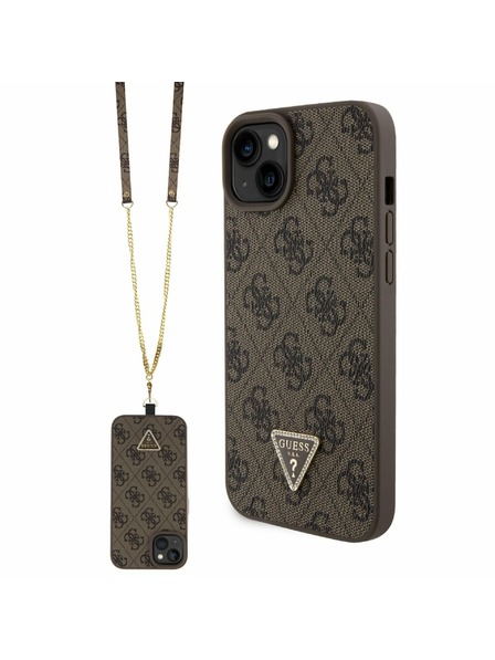 Guess Guess PU 4G Strass Triangle Metal Logo Задна обвивка + Crossbody Ремък за iPhone 15 Plus Brown