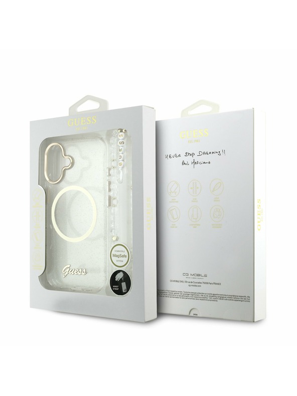 Guess Guess IML Glitter Script Strap MagSafe Задний Чехол за iPhone 17 Transparent