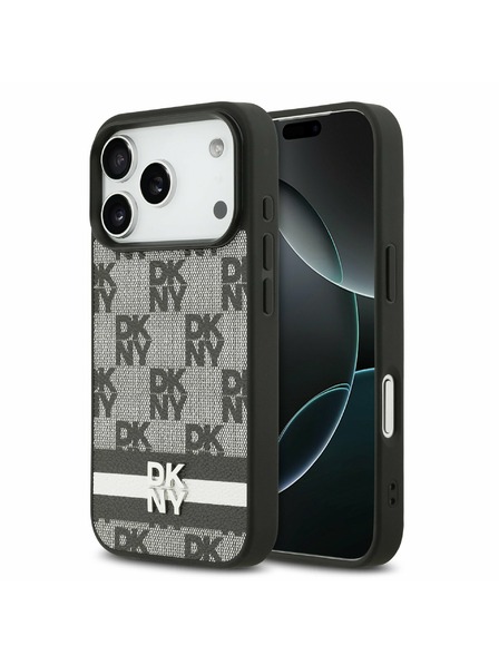 DKNY DKNY PU Leather Checkered Pattern and Stripe Заден Калъф за iPhone 17 Pro Черен