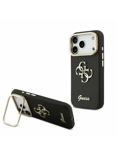 Guess Guess PU Grained 4G Logo Stand Camera Frame Заден Калъф за iPhone 17 Pro Черен
