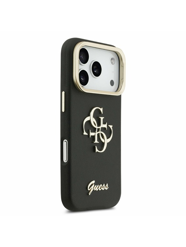 Guess Guess PU Grained 4G Logo Stand Camera Frame Заден Калъф за iPhone 17 Pro Черен