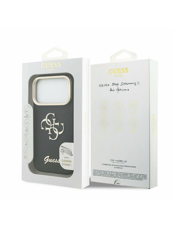 Guess Guess PU Grained 4G Logo Stand Camera Frame Заден Калъф за iPhone 17 Pro Черен