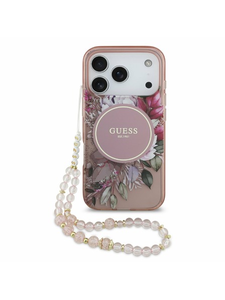 Guess Guess IML Flowers Strap MagSafe Заден Калъф за iPhone 17 Pro Розов