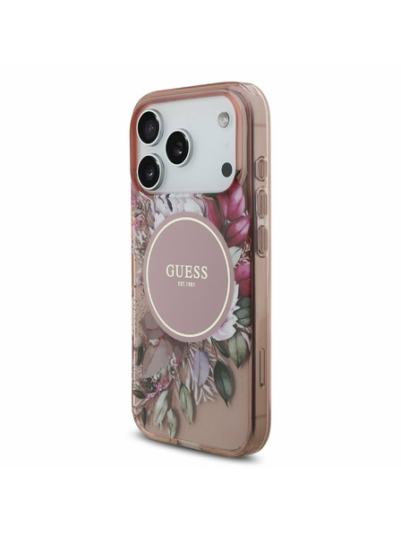 Guess Guess IML Flowers Strap MagSafe Заден Калъф за iPhone 17 Pro Розов
