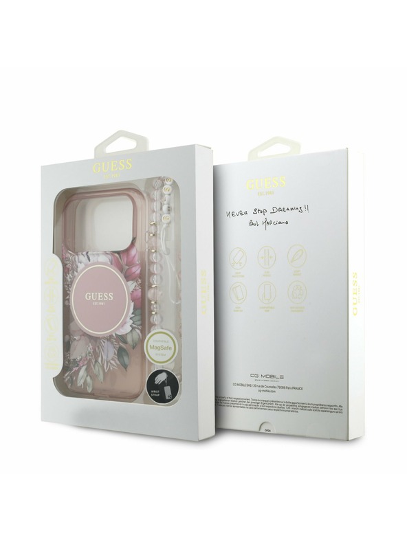 Guess Guess IML Flowers Strap MagSafe Заден Калъф за iPhone 17 Pro Розов