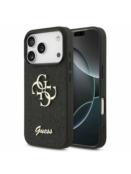 Guess Guess PU Fixed Glitter 4G Metal Logo Заден Калъф за iPhone 17 Pro Черен