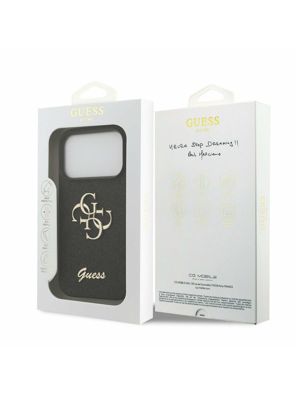 Guess Guess PU Fixed Glitter 4G Metal Logo Заден Калъф за iPhone 17 Pro Черен