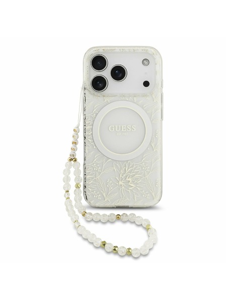 Guess Guess IML Flowers Allover Strap MagSafe Заден Калъф за iPhone 17 Pro Бял